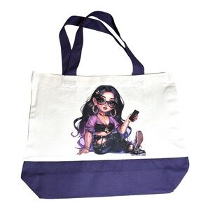 Large Canvas Tote Bag with Stylish Girl Art | Hand Pressed | 17”x14”